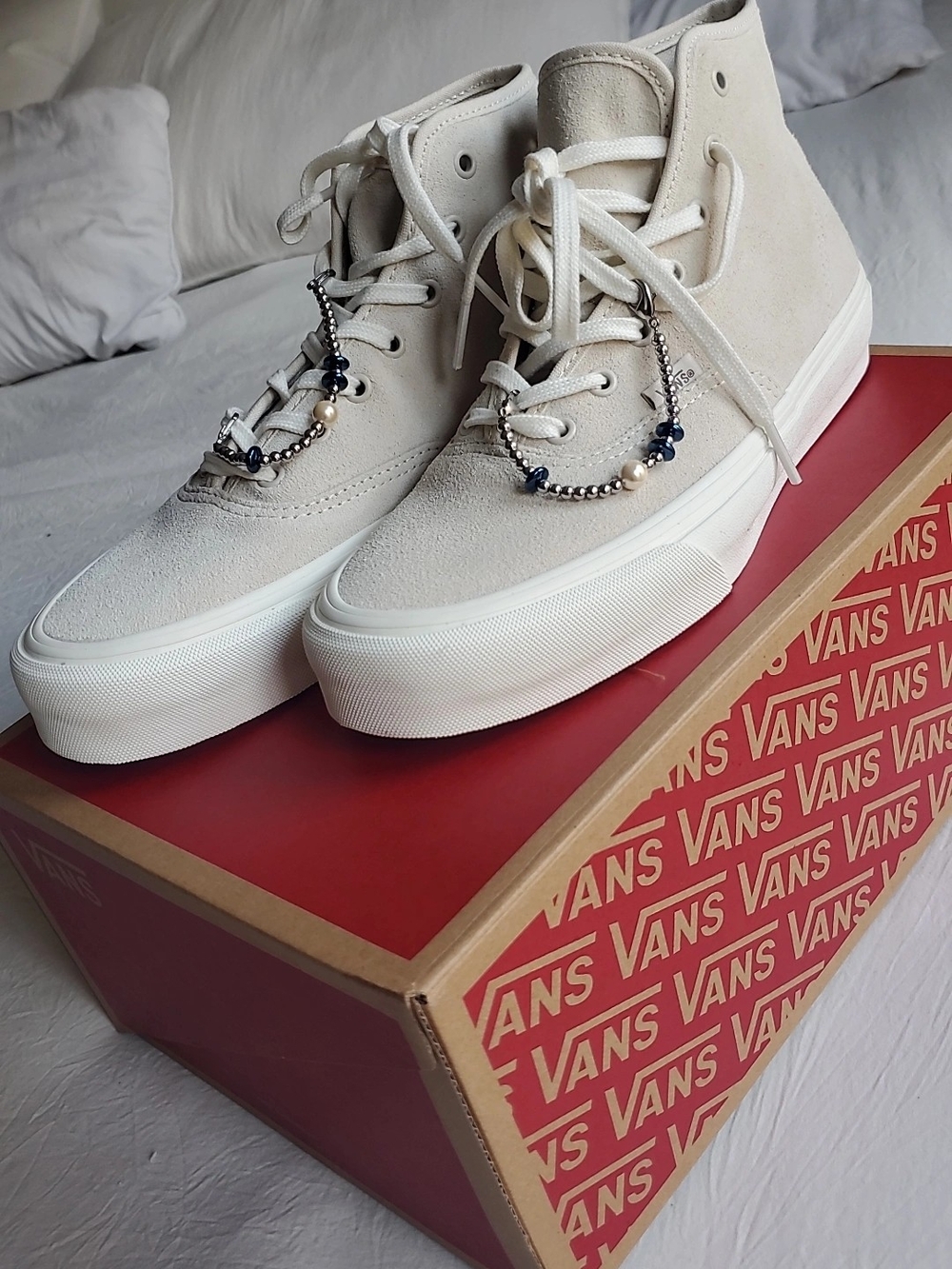 Vans Women's Cream Suede High-Top Sneakers with Bead Accents